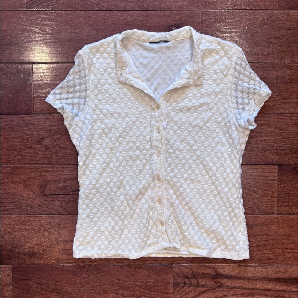 White Textured Button-Up Top
